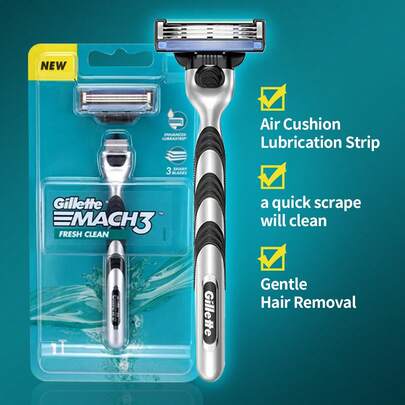 GILLETTE 吉列锋隐3剃须刀手柄 + 1个替换刀头，三刀片渐进式剃须，灵活旋转刀头，金属防滑手柄，一键轻松打开清洁，日常使用的手动剃须刀