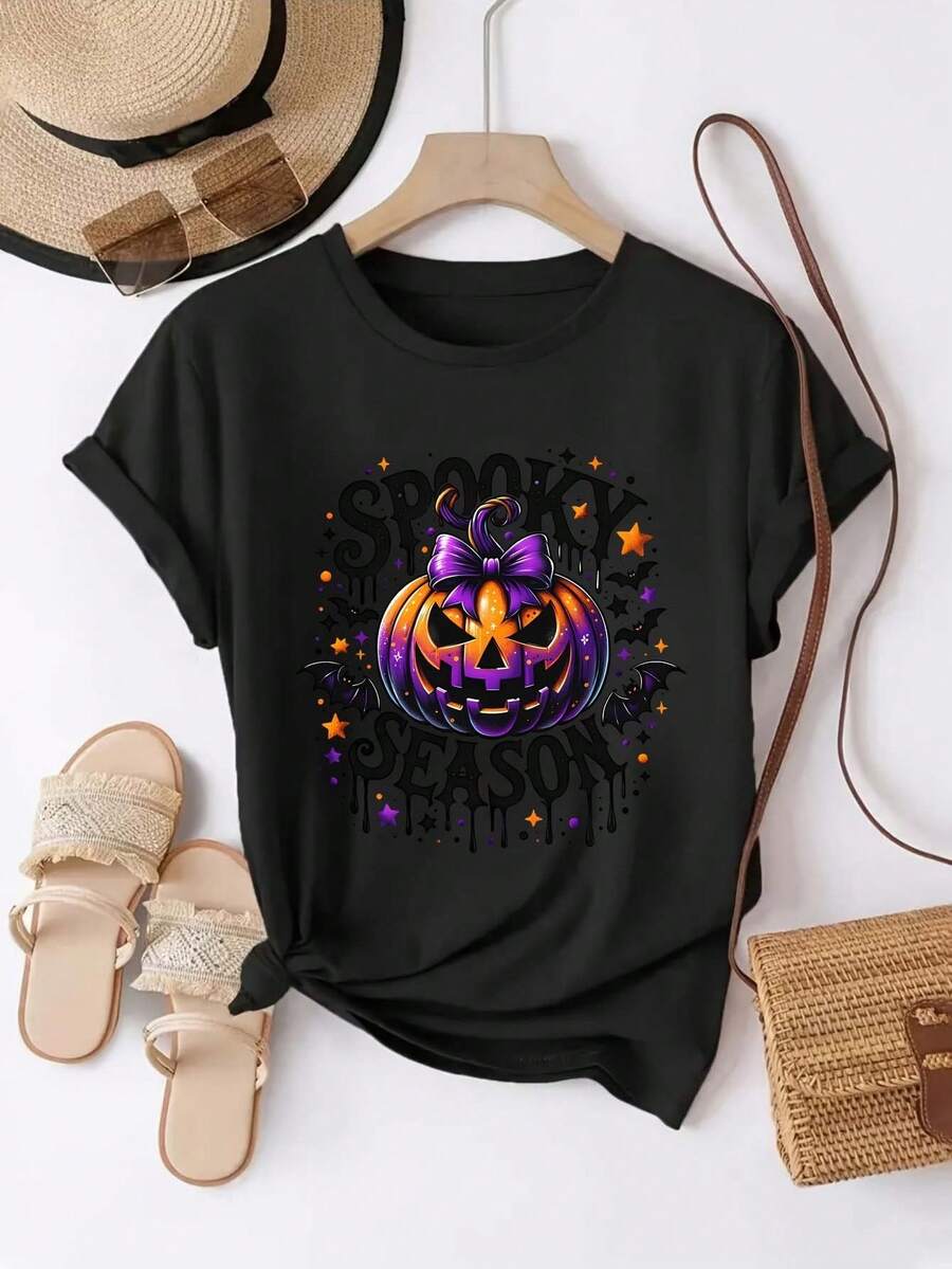 Women'S Halloween Graphic T-Shirt - Spooky Pumpkin Design, Breathable & Comfortable, Casual Round Neck Tee For Casual Attire, Perfect For Summer Parties, Halloween Clothing | Halloween Themed | Comfortable FitSoft Cotton Short Sleeve T-Shirt - 黑色 - 查看 1
