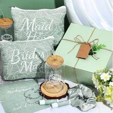 54 piezas de regalos para propuesta de damas de honor, set de regalo para damas de honor que incluye caja de regalo, bolsa de maquillaje, tarjeta de invitación, vaso de vidrio, bálsamo labial, coletero, diadema con nudo para el cabello para bodas (Verde) - Verde, blanco - Ver 5