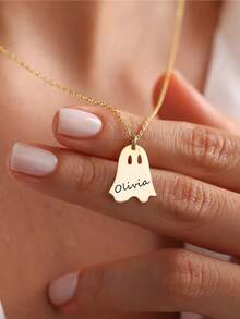 suteyi Customized Cute Ghost Necklace, Personalized Stainless Steel Engraved Name & Quote Necklace, Halloween Jewelry Gift - Multicolor - View 7