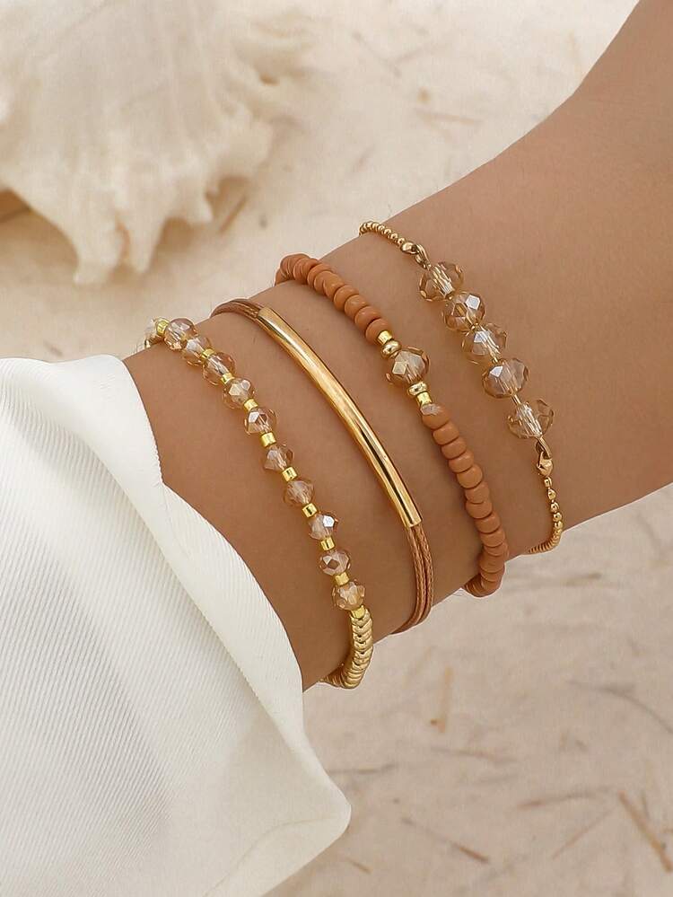 4pcs CCB Rice Bead Bracelet, Minimalist Fashion Personalized Beach Style Accessories For Women (Mixed Rice Beads, Unspecified) - Khaki - View 1