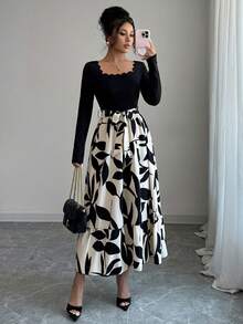 Vestido elegante de manga larga con cuello cuadrado, bajo curvo y estampado de plantas en patchwork para damas - Negro - Ver 5