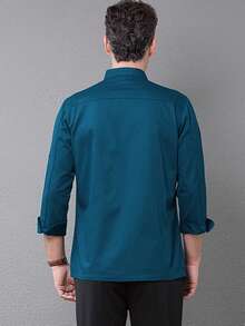 男士纯色双排扣立领长袖厨师夹克，专业厨师必备