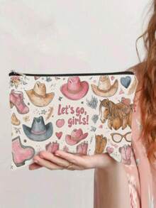 1 件，西部牛仔“Let's Go, Girls”图案印花化妆包和洗漱用品收纳包 - 牛仔学院风格可重复使用医药包，粉色牛仔帽和牛仔靴美学铅笔袋，旅行和化妆收纳包 - 适用于学校、夏季家居装饰、珠宝收纳、零食袋 9 英寸 * 6 英寸旅行必备包，适合学校假期返校用品女士旅行包 - 彩色 - 查看 2