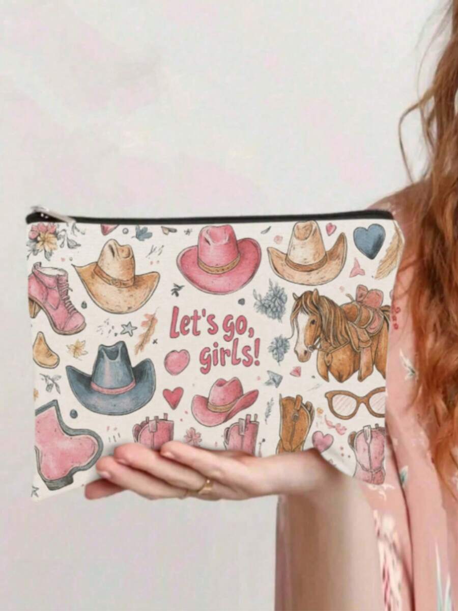 1 件，西部牛仔“Let's Go, Girls”图案印花化妆包和洗漱用品收纳包 - 牛仔学院风格可重复使用医药包，粉色牛仔帽和牛仔靴美学铅笔袋，旅行和化妆收纳包 - 适用于学校、夏季家居装饰、珠宝收纳、零食袋 9 英寸 * 6 英寸旅行必备包，适合学校假期返校用品女士旅行包