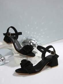 1 Pair Round Toe Floral Suede High Heel Sandals For Teenage Girls, 5cm Heel Height, Comfortable PU Non-Slip Wear-Resistant, Cute Princess Style Suitable For School, Party, Holiday, Spring/Summer