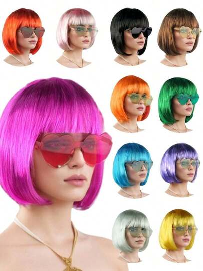 Party Prop Colorful Short Straight Bobo Wig, Funny & Novelty, With Free Frameless Heart-Shaped Sunglasses & Hair Net