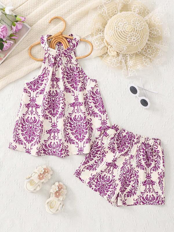 2 Stück Mädchen Sommer Lässig Outfit, Trägertop mit Muster und Shorts Set, geeignet für Ausflüge und Urlaub