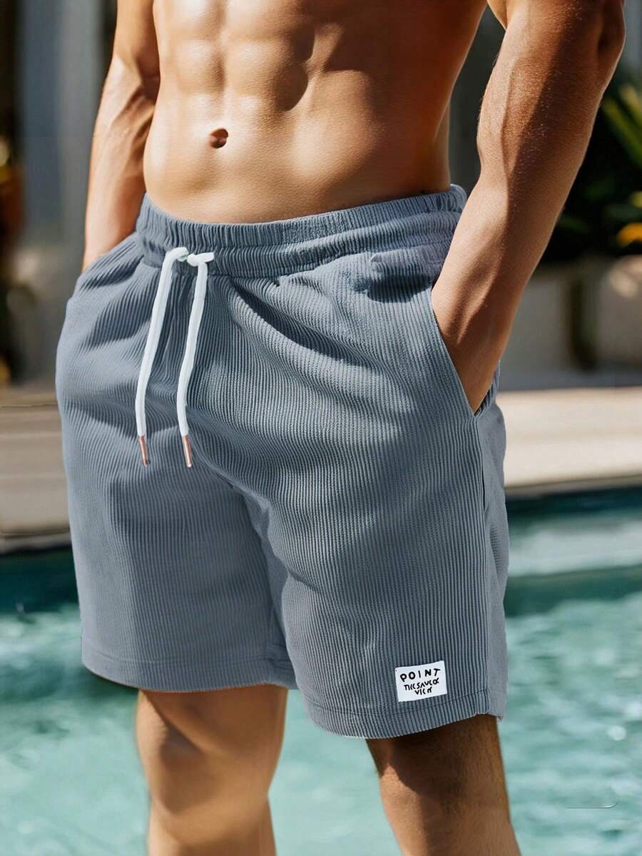 男士户外透气短裤，纹理灯芯绒面料，适合休闲、运动、通勤、工作 - 霧霾藍 - 查看 1