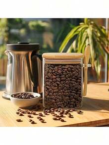 1pc Square Airtight Glass Jar With Wooden Spoon, Suitable For Storing Coffee Beans, Soybeans, Sugar And Salt. Some Kitchen Storage Jars Can Also Be Used For Jam And Ice Cream, Made Of Reusable Borosilicate Glass.