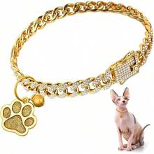 Collar de gato con diamantes, collar cubano con purpurina, metal para caminar con hebilla segura, collar de gato y mascota con eslabones de pata, accesorios de joyería con campana de identificación para gatos pequeños (dorado, 10 pulgadas) - dorado - Ver 15