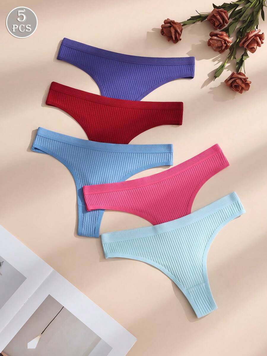 Quần lót bikini liền mạch gợi cảm màu trơn 5 chiếc/gói dành cho nữ, chất liệu cotton thoáng khí, không đường may, kiểu dáng tối giản
