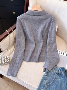 Cárdigan de punto bordado para mujer, diseño de button delantero con decoración de parche, ideal para otoño/invierno, trabajo y uso casual, Top de manga larga, blusas para mujeres, atuendos festivos, ropa, outfits para salir, top de ganchillo, dinero viejo, prendas de mujer desfalleciente, otoño, vuelta al colegio, desgaste de oficina para las mujeres