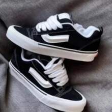 KNU Skool Men's Casual Sneakers, Flat Sole Skater - Thick Laces, Men's Everyday Sneakers - 黑色克努 - 查看 2