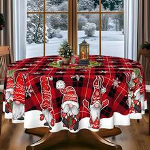 Weihnachtsthema Polyester Tischdecke, runder Durchmesser 145cm, rechteckig 140x180cm, Weihnachtstischdecke mit Weihnachtsmann Zwerg Muster, fröhliche Weihnachten Schriftzug Holzmaserung Hintergrund Design, geeignet für Feiertags-Restaurant, Heimdekoration und Jahresendfeier - Schwarz und Weiß - Übersicht 4