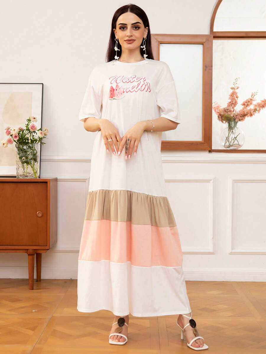 ​Whimsical Vintage Cartoon Print Modest Maxi Dress Color Block Round Neck A-Line Silhouette Lightweight Cotton Feel Women's Vacation Dress​ - 粉色 - 查看 1