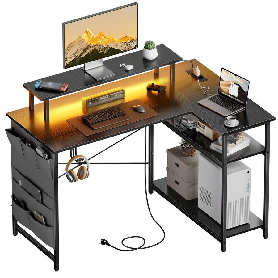HLONONE L-Shaped Desk With LED And Sockets, 110 X 80 Cm, Corner Desk With Shelf, Computer Desk With Monitor Stand And Storage Bag, Gaming Table L Shape For Home Office - 查看 1