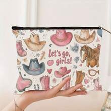 1 件，西部牛仔“Let's Go, Girls”图案印花化妆包和洗漱用品收纳包 - 牛仔学院风格可重复使用医药包，粉色牛仔帽和牛仔靴美学铅笔袋，旅行和化妆收纳包 - 适用于学校、夏季家居装饰、珠宝收纳、零食袋 9 英寸 * 6 英寸旅行必备包，适合学校假期返校用品女士旅行包 - 彩色 - 查看 12