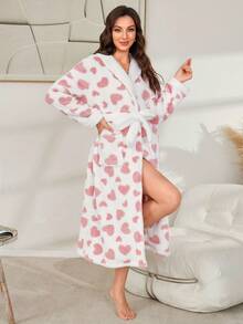 爱心印花口袋毛绒领女式睡袍，冬季保暖，蓬松舒适 - 粉色 - 查看 4