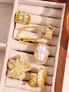 Set 6 Buah Cincin Paduan Emas Asimetris Mewah, Berkilau, Unik, Kreatif, dan Bergaya Vintage untuk Wanita, Cocok untuk Sehari-hari, Pesta, Liburan, dan Perjalanan. - MultiWarna - View 10