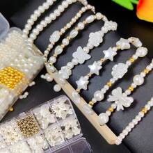 800pcs White Acrylic Bead Set In 10 Compartments / 50pcs Bowknot - DIY Jewelry Making, Bracelet And Necklace Crafts - Excellent Creative Material