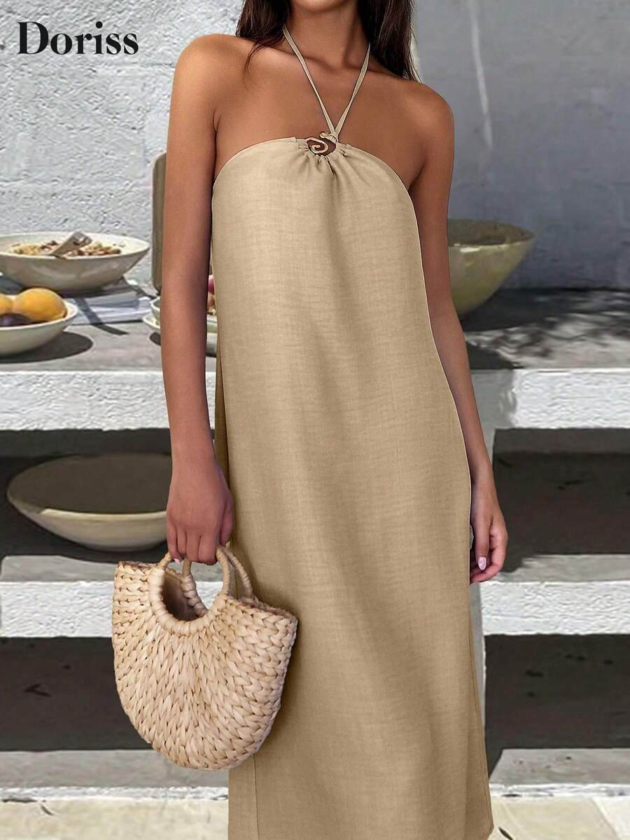 夏季卡其色高端金属装饰吊带露背优雅婚礼派对沙滩度假连衣裙，适合女性，也适合情人节和海滩穿着 - 卡其色 - 查看 1