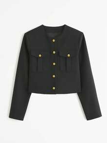 Jaqueta curta elegante feminina com botões em cores contrastantes, adequada para outono e inverno - Preto - Ver 9