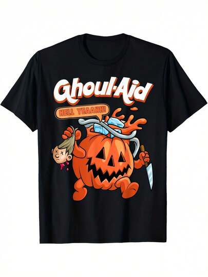 T-shirt homme motif citrouille fantôme Halloween - 100 % coton, manches courtes, coupe ample, noir, motif fantôme | Design humoristique