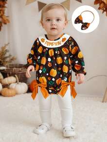 Newborn Girl Outfit, Long Sleeve Crew Neck Pumpkin Flowers Print Romper With Hairband Halloween Clothes - Black - View 1