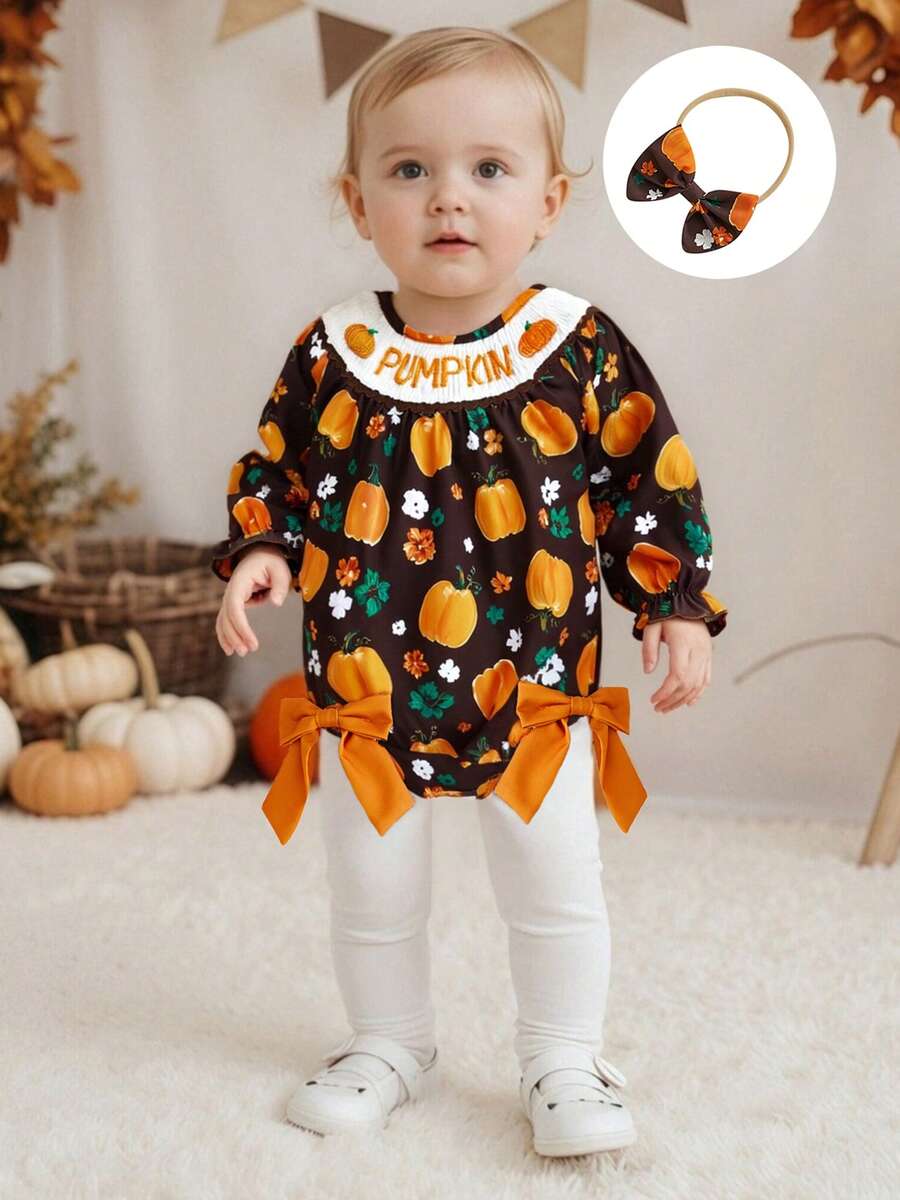 Newborn Girl Outfit, Long Sleeve Crew Neck Pumpkin Flowers Print Romper With Hairband Halloween Clothes - Black - View 1