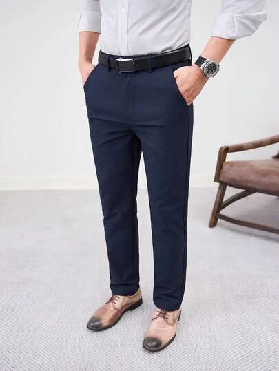 Men Solid Color Business Formal Trousers, Straight-Leg Dress Pants Suitable For Outdoor Casual And Formal Occasions All Year Round