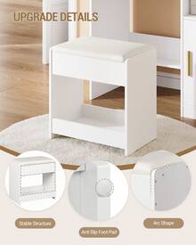 HaluPeit Dressing Table Stool, Soft Padded Vanity Stool, Makeup Chair With Non-Slip Foot Pads For Dressing Room, Bottom Storage, Bedroom, Entryway, White - 白色 - 查看 5