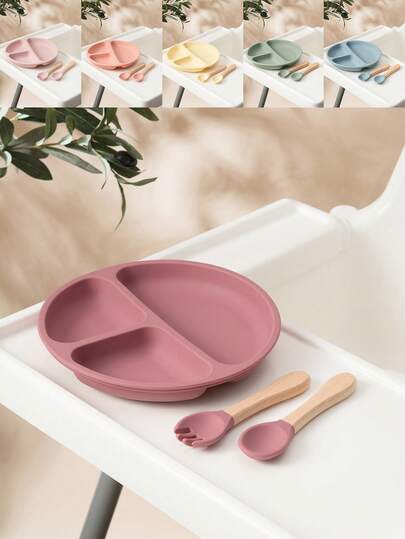 3PCS Silicone Baby Tableware Suction Feeding Plate Dishes Wooden Handle Fork Spoon Training Sets For Children Baby Meal Tray
