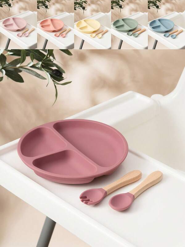 3PCS Silicone Baby Tableware Suction Feeding Plate Dishes Wooden Handle Fork Spoon Training Sets For Children Baby Meal Tray