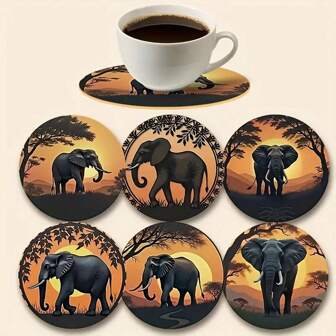 6pcs Charming Elephant Wooden Coasters Set - Heat Resistant Non-Slip Drink Mats, Suitable For Coffee Tables, Furniture, Kitchen Decor, Ideal Gift For Friends And Family, 1 Set Of 6, 300 Sets Of 1800 Pieces