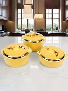 3 pezzi, Scaldavivande Tocco d'Oro, Set di Piatti Termici per Casseruole con Coperchi, Contenitore Isolato in Acciaio Inossidabile per Cibi Caldi e Freddi, Ciotola per Servire per Buffet, Set Scaldavivande per Pentole, Set Scaldavivande per Pentole, Set di Casseruole per la Tavola, per l'Ufficio