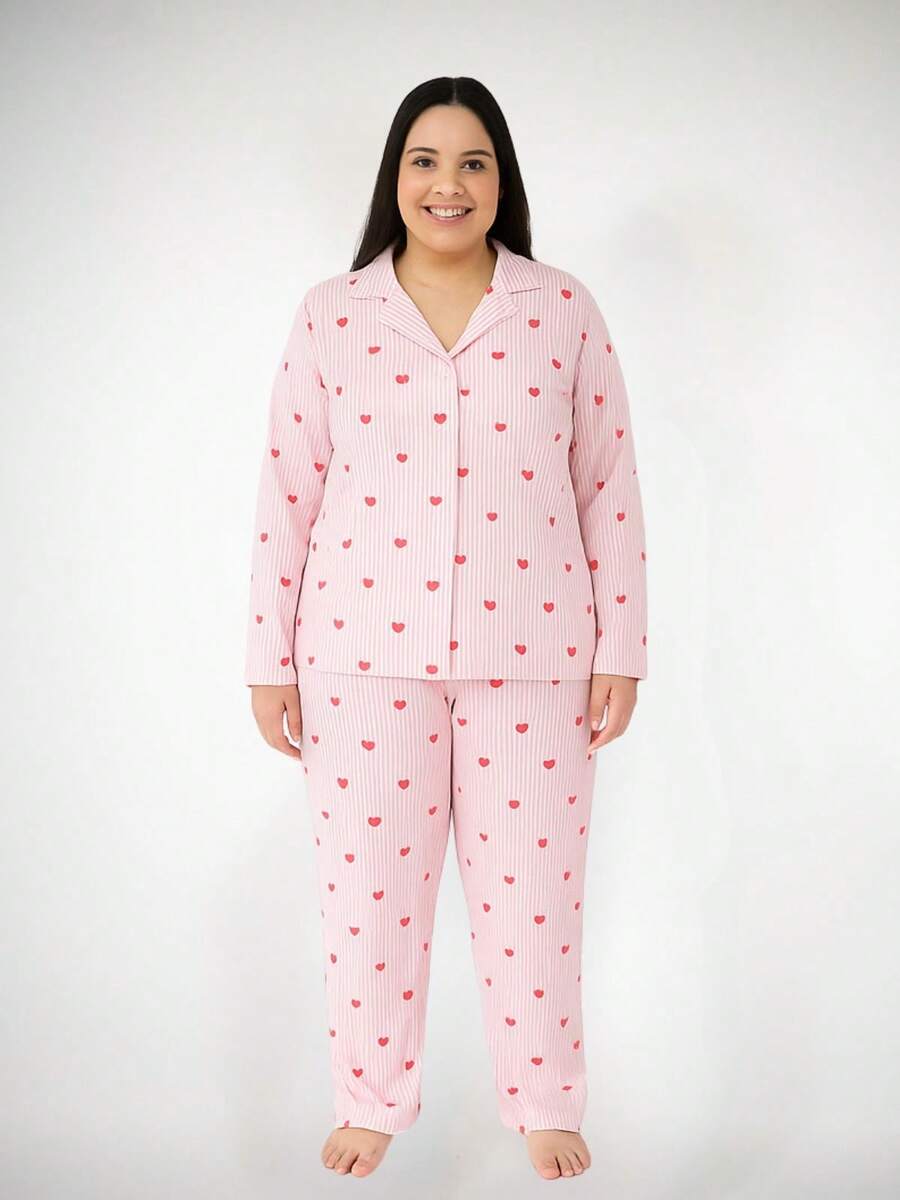 Amanda Americano Women's Cotton Pajamas Long With Buttons Long Sleeve Blouse With Pants Winter Cold Adult Indicated Pregnant Women Breastfeeding And Post-Surgery - Striped Hearts - 白色 - 查看 1