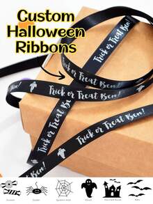 Panglică de satin personalizată de Halloween în 10 culori – Imprimeu personalizat cu nume pentru ambalare elegantă de cadouri, decorare de torturi, nunți și evenimente speciale
