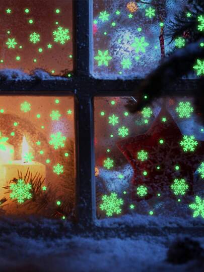 64 Stück leise leuchtende Schneeflocken Aufkleber, starke Lichtversion, einfache Weihnachtsdekoration leuchtende Fensteraufkleber, fröhliche Schneeflocke Nachtlicht Aufkleber, selbstklebende Feiertags Wanddekoration, geeignet für Wohnzimmer, Schlafzimmer, Badezimmer, Weihnachten.