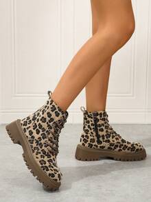 Women's Flat Non-Slip Lace-Up Fashionable Leopard Print Ankle Boots, Autumn/Winter