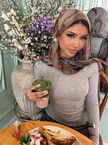 1条女士时尚波西米亚水彩大理石纹雪纺围巾，轻盈透气面料，休闲街头风配饰 - 01-紫玫紅 - 查看 4