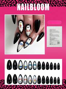 24片装中号杏仁形美甲贴纸，黑色，幽灵吸血鬼比基尼冰淇淋图案，亮面全覆盖，趣味风格，适合女性和女孩日常佩戴，万圣节美甲用品