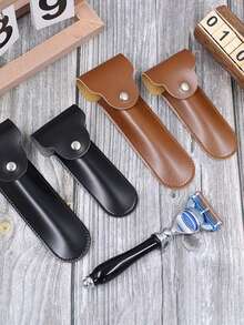 1pc Customized Razor Leather Case, Portable Shaver Storage Bag For Old-Fashioned Razor And Hair Removal Device - one-size - View 3