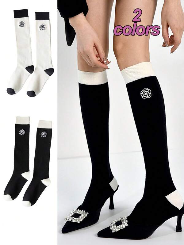 1双/2双 法式刺绣山茶花图案过膝袜，黑白配色，Y2K风格，舒适