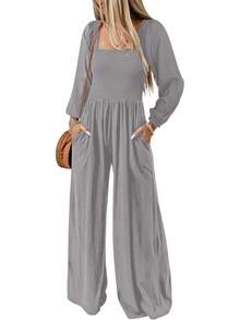 Women's Casual Loose Overalls Jumpsuits One Piece Long Sleeve Wide Leg Long Pant Rompers With Pockets - Màu Xám nhạt - Xem 1