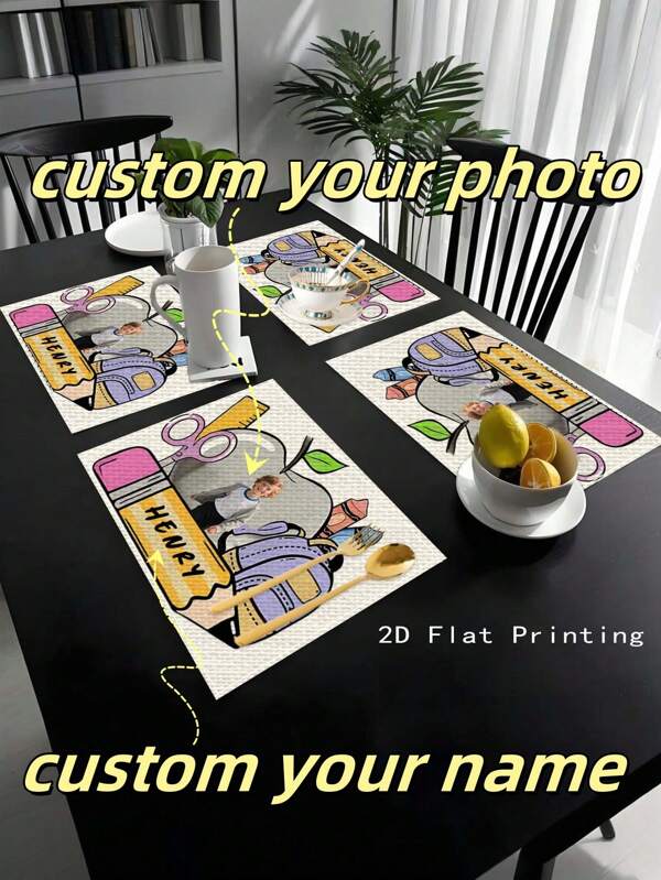 1pc Customizable Name & Photo Linen Placemat, Creative Apple & Pencil Pattern, Non-Slip Heat Resistant For Kitchen & Dining Table Decor, 32*42cm