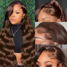 200% 密度 34 英寸波浪卷发 13x4 蕾丝前假发 - 4 号巧克力棕色预烫高清透明蕾丝前假发无胶混合发假发 - 耳到耳巴西处女真人混合发假发带婴儿头发 - 鲍勃假发 8-14 英寸 - 预拉隐形发际线真发散卷中分假发适合女性日常使用自然造型 - 棕色 - 查看 5