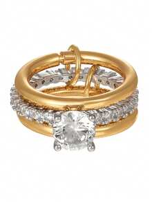 1 件优雅奢华的铜镀 18k 金锆石闪亮钻石别针多环戒指女士，派对宴会婚礼庆典节日派对日常佩戴，婚礼季节重型多环戒指女士珠宝