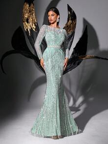 Đầm dạ hội lộng lẫy đính sequin và hạt cườm dành cho nữ, kiểu dáng đuôi cá tay dài thanh lịch, thích hợp cho khách dự đám cưới mùa xuân, tiệc cocktail, lễ tốt nghiệp. - Màu xanh bạc hà - Xem 6