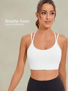 Tender Angel 瑜伽吊带运动文胸，支撑性高弹力瑜伽健身纯色背心 - 白色 - 查看 2